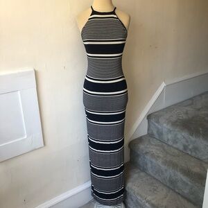 Nadia Tarr Striped High Neck Side Slit Maxi Dress